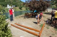 positioning the wooden bench